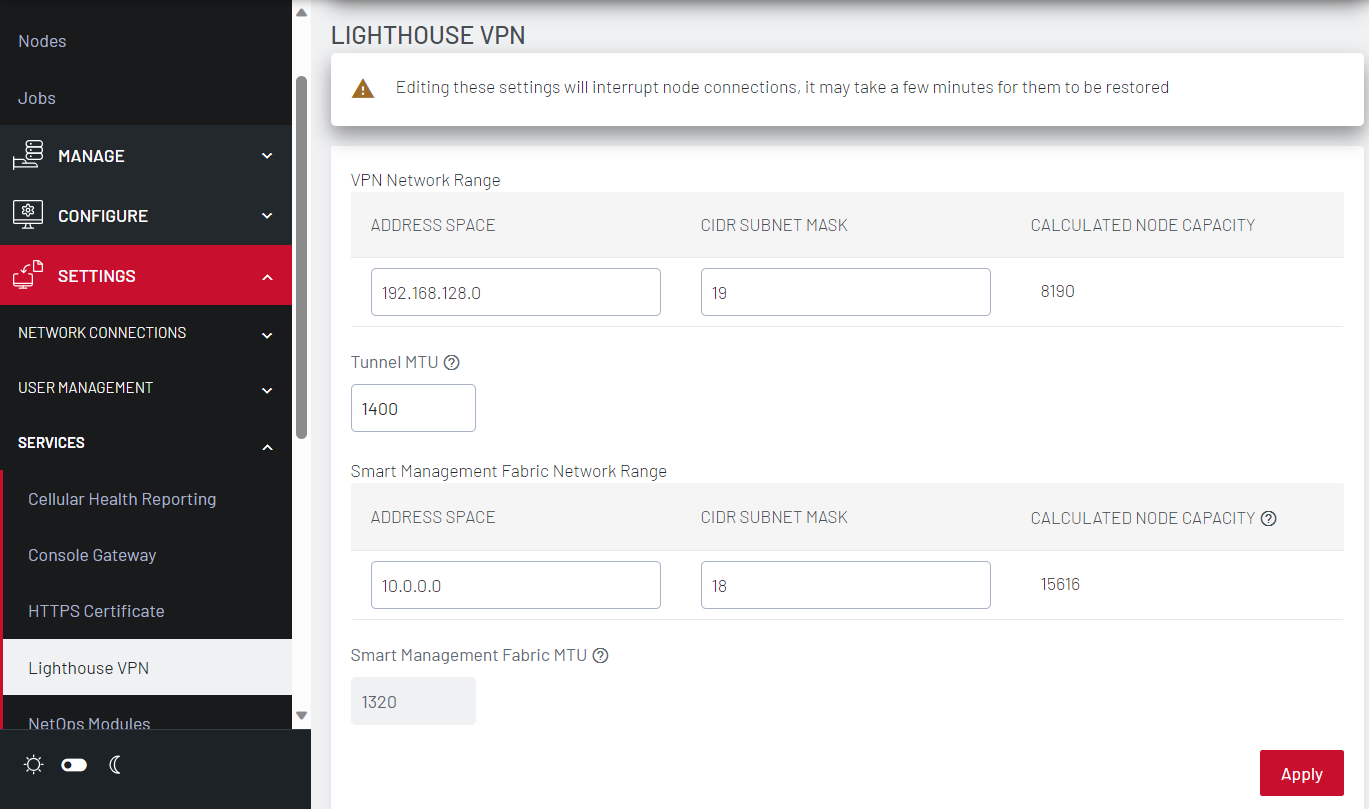 Image of Lighthouse UI showing how to configure subnets for a multiple instance lighthouse